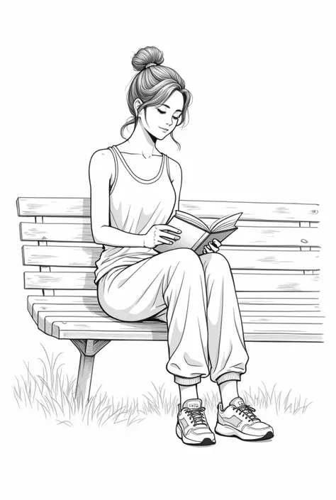 An illustration of a young woman sitting on a wooden park bench in a very relaxed pose, reading a book. She has her hair tied up in a casual bun and is wearing a sporty tank top paired with loose, flowy pants that drape naturally over her legs and gather s...