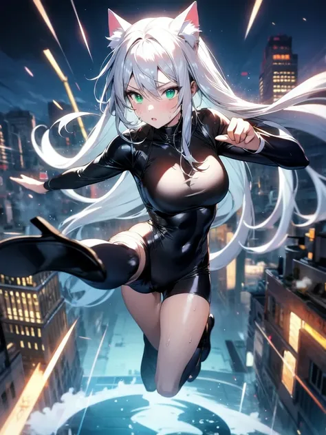 A beautiful girl with silver cat ears, green eyes, silver hair, long hair, black and white battle suit that fits her body perfectly, the background is the night city, the age is 14, dark night, sweat, steam from exhalation, dynamic angles, dynamic action p...