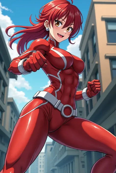   My Hero Academia style ,     anime girl  , woman, young woman ,    full body shot  ,(  Fighting Stance  :1.3),Long Hair, Red Hair,    Brown Eyes  ,  hero suit, Full Body Suit,   red suit with white details, perfect anatomy,  Reinforced ABS ,  super detai...