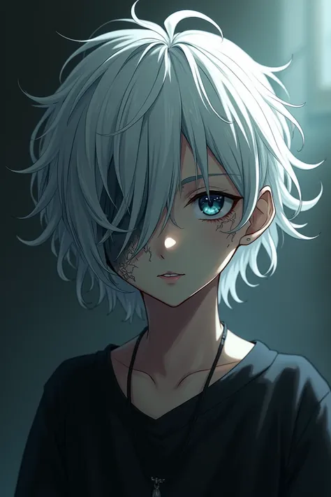 anime boy with half his face covered in white hair scars