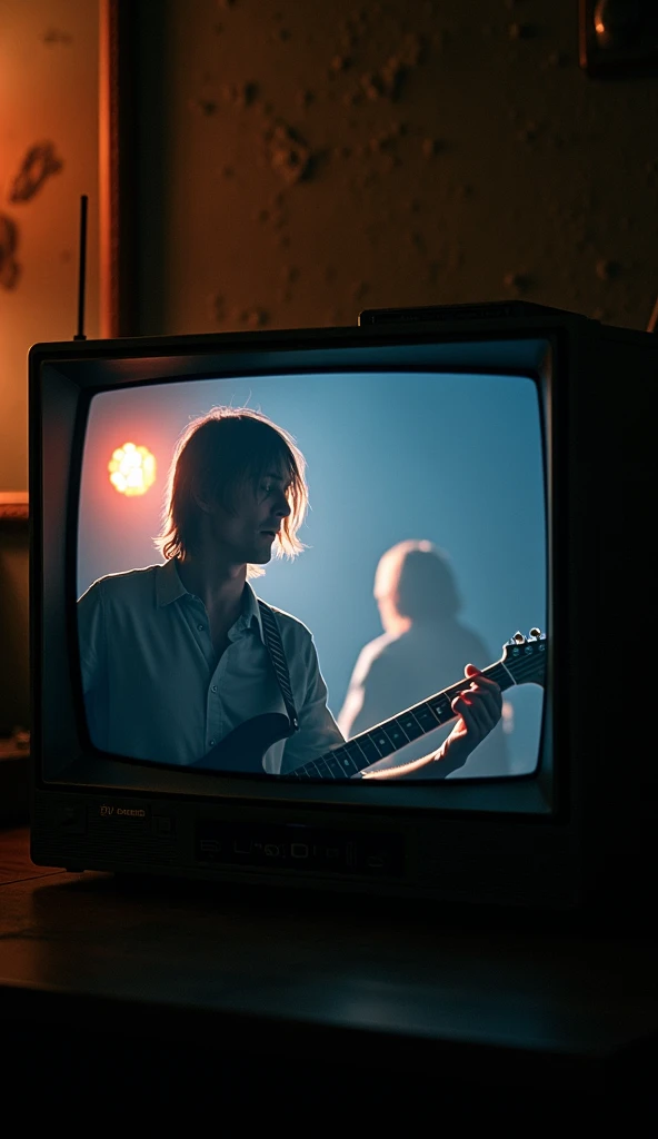 create a hyper-realistic shot of an old CRT television glowing and playing a vintage Nirvana music video. The reflection of a man playing an electric guitar is visible in the screen, blending with the video. The room is dimly lit, with warm light from the ...