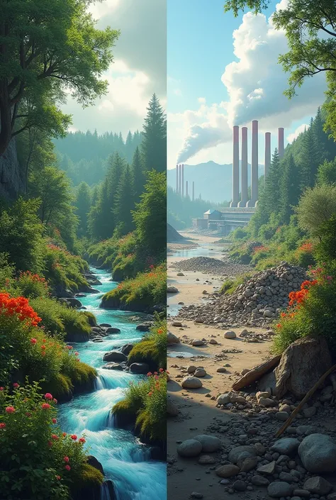  A split image : on one side, nature in harmony ; of the other,  pollution and destruction, showing the human impact ."