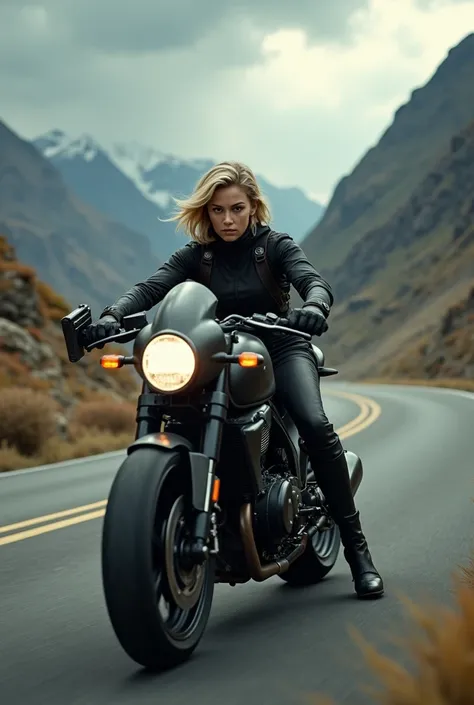 Short-haired blonde on the bike holding a pistol 