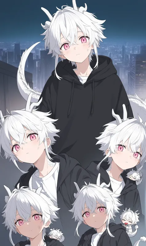 1boy,Pink Eyes,dragon horns on side of head,white hair,white ends of hair,muliticolored hair,looking at viewer,cute boy,white shirt,city,Anime, Anime Style,13year old boy,dirty clothes,dragon tail,dragon scales on shoulder,oversized black hoodie, multiple ...