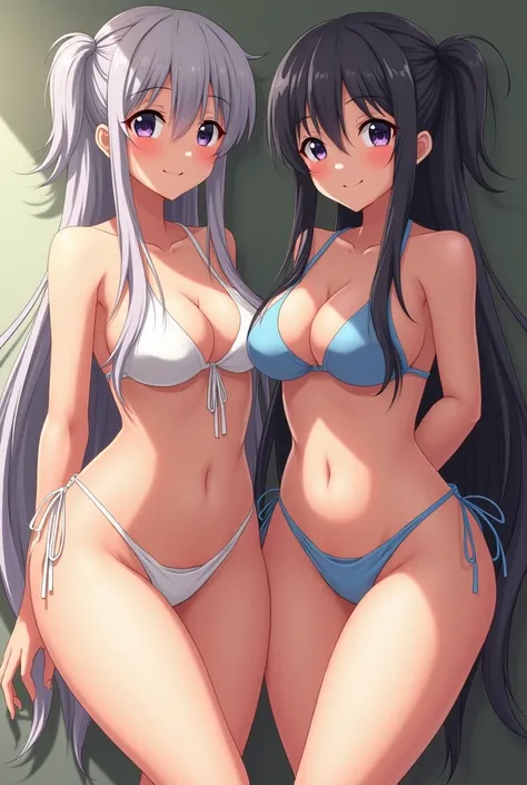 6 very identical anime twins with very big boobs, big thighs and big ass, thicc, looking at viewer, original characters, high definition, in house, copying each other, long hair, smiling at viewer, clone pose for picture, bikini, lewd stare, up close and p...