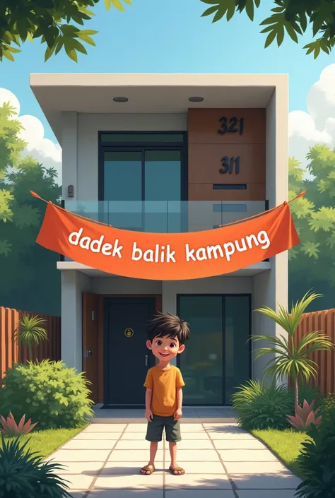 A  boy is standing outside the modern terrece house number 321. Banner reads “Dadek Balik Kampung”