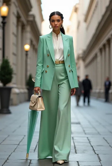 For May’s high-end elegant street fashion, the model wears a chic mint green silk blazer with a sleek, tailored silhouette, designed with a subtle sheen to catch the light. The blazer has a structured, double-breasted front with gold buttons that add an ai...