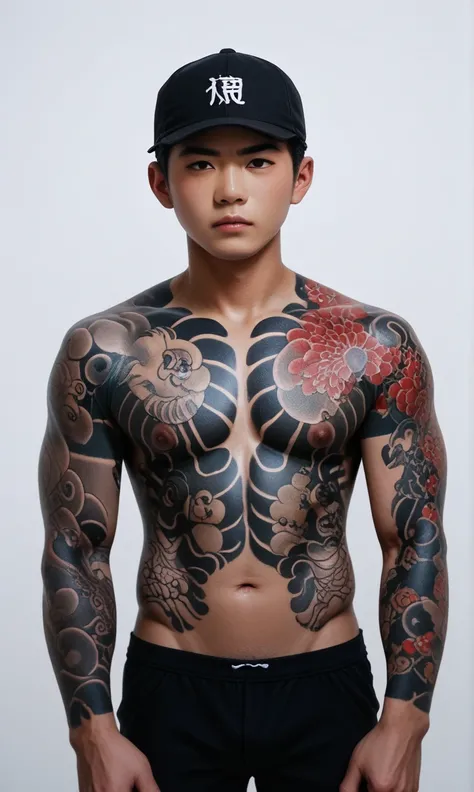 score_9, score_8_up, score_7_up, r1s0, 1boy, Asian boy, black eyes, whole body tattoo, traditional japanese tattoo, detail face, black hair, charming boy, black baseball cap, white background, charming boy, handsome boy