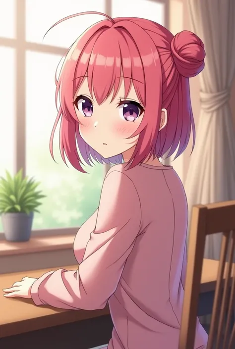 Anime girl with pink hair and a bun in a room, haruno sakura,  like an anime character ,  anime girl named Lucy ,  Anime visual of a cute girl , Yayoi Kasuma,  anime image of a young woman ,  Female anime character , with Pink hair, Young anime girl, anime...