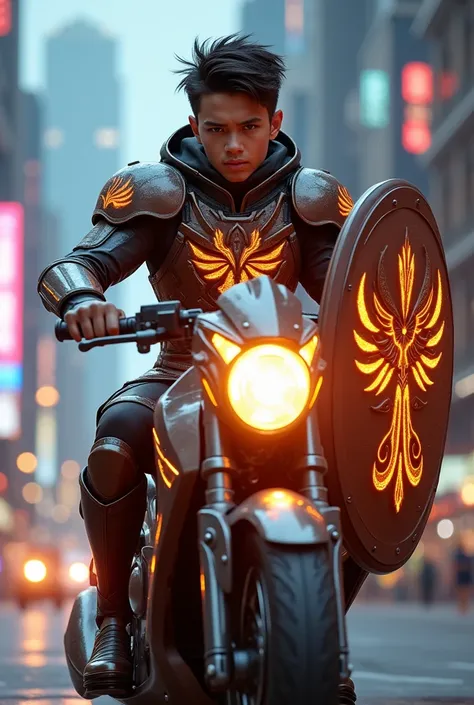 Young man in Phoenix armour with his chocolate shield on a scooter
