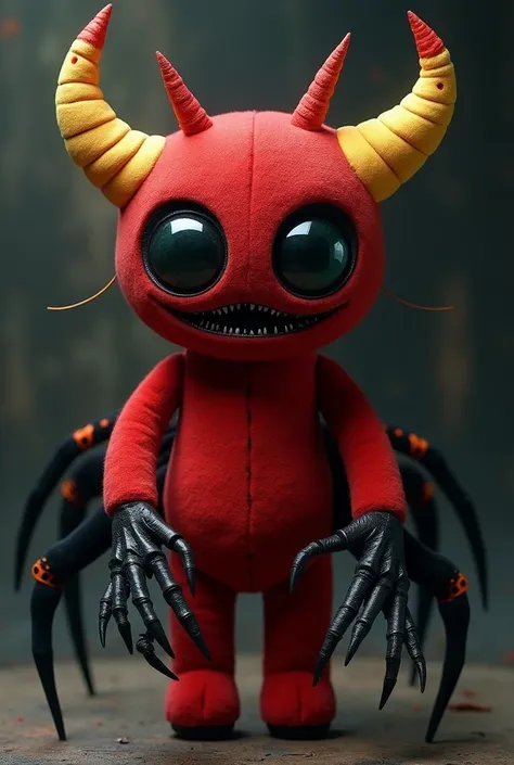 Red plush doll demon, black hole eyes with human eyes inside, black spider legs, black skeleton-like hands, sharp black fingers, long yellow neck with orange dots, red small horns