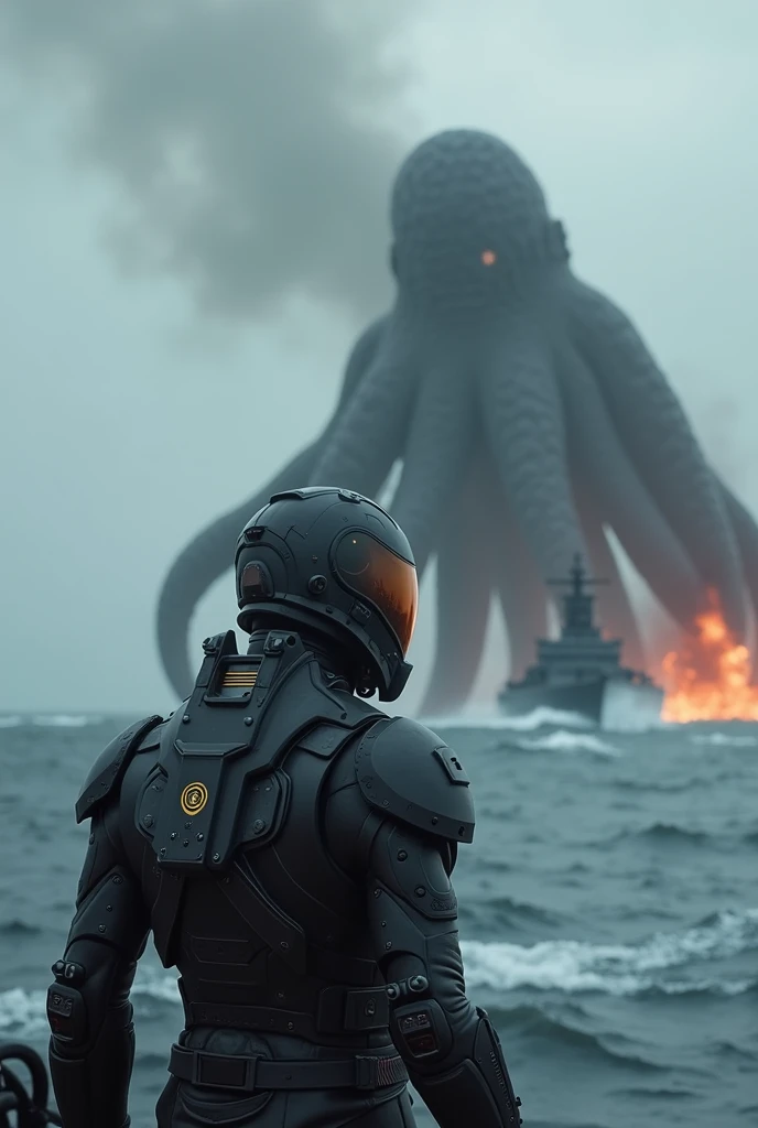 18 year old boy,  dressed in black electronic armor,  is aboard a destroyer , and a sea monster , a giant octopus,  is in front of him ,  threatening to attack ,  while the sea is rough ,  the gray sky and the smoke of destroyed and burning ships