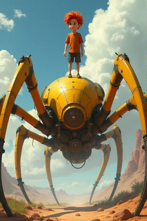 Red-haired boy on top of a train that looks like a yellow spider with tall legs