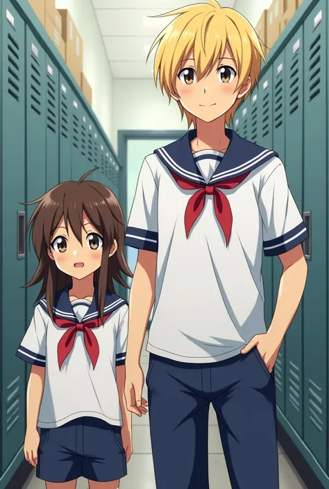 A guy with brown hair on his back for a blond boy who is taller than him in anime-style high school clothes