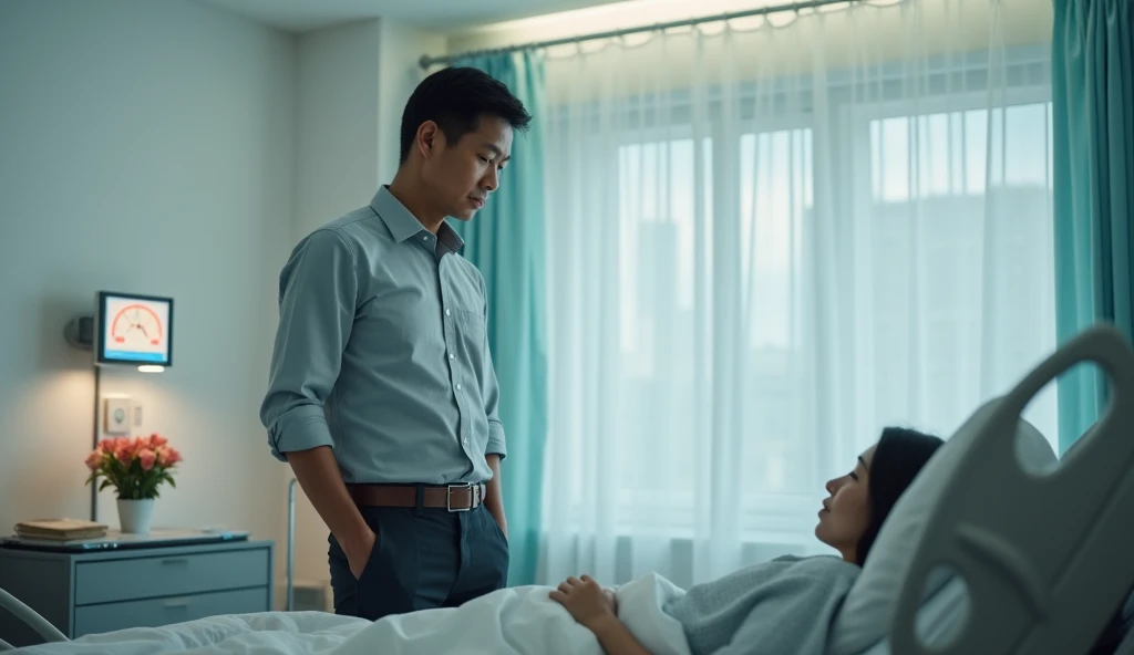 Ultra-realistic scene of a 35-year-old Indonesian man with a serious expression, standing by a hospital bed as a companion, looking down at a patient with calm concern. He wears a light gray button-up shirt with sleeves rolled up and dark trousers. The hos...