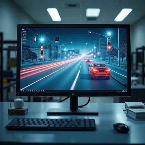 Monitor should be middle of the image. It is lab. in the  monitor. Simulating V2X messages between Vehicle to Vehicle and Vehicle to traffic signal on real roads