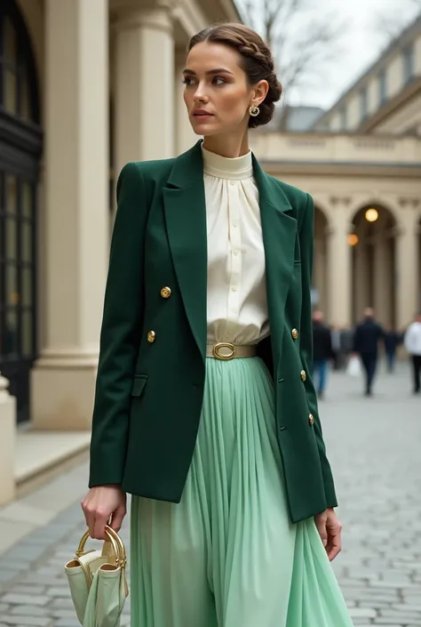 For May’s high-end elegant street fashion, the model wears a chic dark bottle green silk blazer with a sleek, tailored silhouette, designed with a subtle sheen to catch the light. The blazer has a structured, double-breasted front with gold buttons that ad...