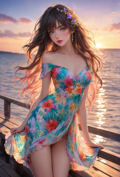 ultra-high resolutiona silhouette of a beautiful girl leaning on a pier during sunset, Sparkling midsummer sea, vibrant tropical bikini dress (flowing), beautiful delicate(hair,face,eyes,longeyelash, lips,thigh,clothes),delicate pupils,sparkling eyes,brill...