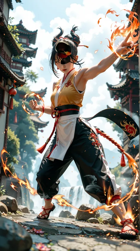   black nails  ，（  Dark black lines are clearly visible），（sunburned skin  ）、（ oily skin ）、（steam）， panoramic，full body shot，Little Dragon Girl，fitted sleeveless kung fu set， Combat Pose，Executing Small Fireball Magic，Execute Small Fireball Spell to attack ...