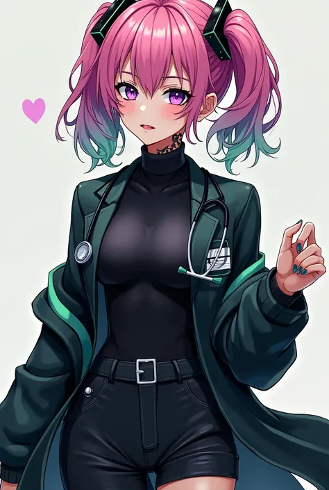 Anime Female Character in all black Doctors outfit with Pink and green hair, and blue and purple eyes, with tattoos, and scars, 