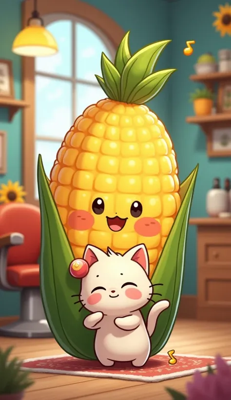 desenho animado Chibi  de uma espiga de corn fofa  com cortando o cabelo de um gatinho fofo, In a barber shop ,  by Mario Bardi , 🌻🎹🎼, corn, Turnip hair , PETSCOP,  by Hiromu Arakawa , 🐿🍸🍋, cereal mascot ,  inspired by Ivan Generalić ,