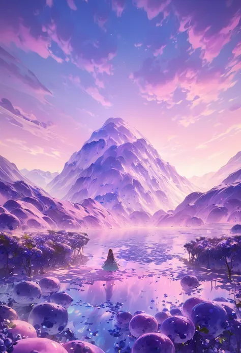 girl in a blueberry world, blueberry trees, blueberry mountains, blueberry rivers, blueberry clouds, blueberry landscape, vibrant colors, sweet pastel tones, dream-like, whimsical, magical realism, surreal, fantasy, highly detailed, cinematic lighting, pho...