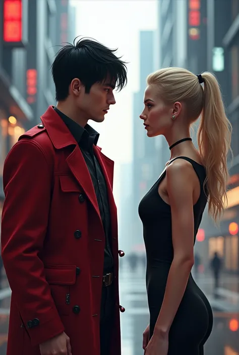 White medium build male with short black hair wearing black shirt with Red Trench coat next to blonde hair female fit wearing black dress with Futuristic city in the background what the fuck is said White male Faggot facing the camera bitch 