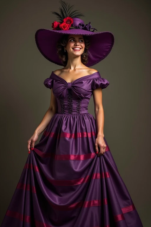 dove turns,   of Umbandas religion .   A woman in a Victorian dress , dark purple ,  with horizontal red stripes . She wears a purple hat ,  adorned with feather and a red rose.   The hat covers part of her face ,   showing the laugh  .  Holding the dress ...