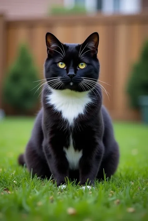 Realistic photo of a black cat with its white neck and legs sitting on the grass in a normal backyard