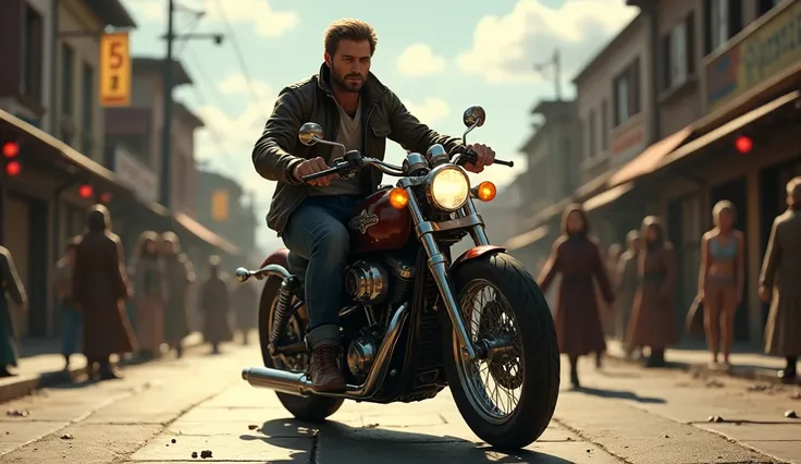 Henry riding a refurbished motorcycle through the streets of Shadow Falls, the wind catching his jacket as the town watches him with gratitude and admiration. (Ultra-realistic)