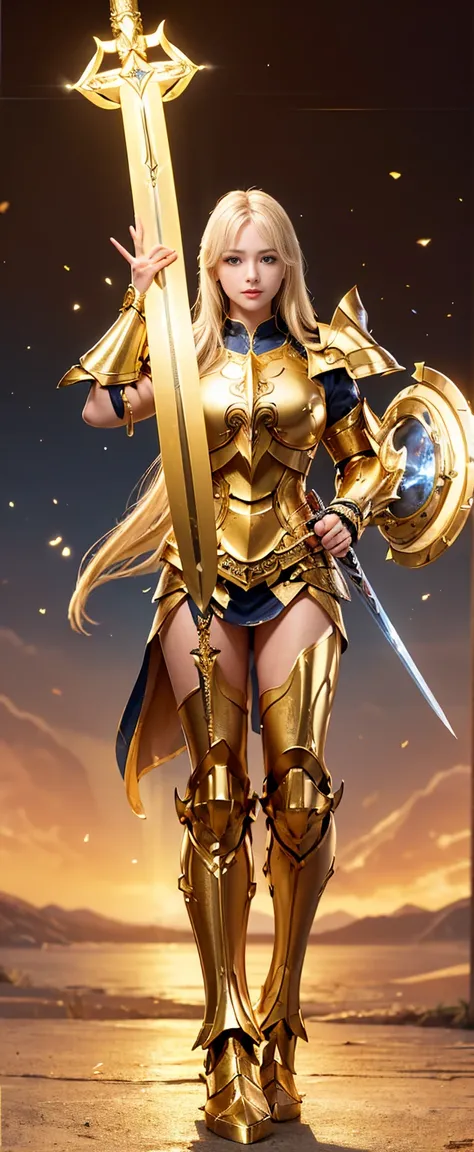 ((highest quality, 8k, masterpiece: 1.3)),Real 8K,A majestic paladin in golden armor, Wield a sword filled with light, And with a huge golden shield. Paladin&#39;s blue eyes shine with determination as he walks through the dark and mysterious streets.. The...