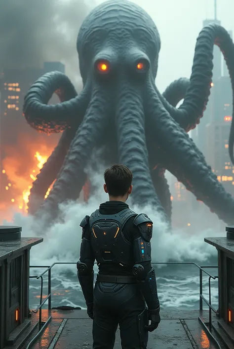 city on fire,  an 18-year-old boy ,  dressed in electronic armor, without a helmet on ,  aboard a destroyer , And in front of the ,  is a giant mutant octopus ,  is coming out of the water 