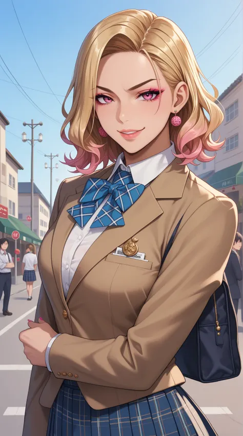 Young female, delinquent disciplinarian, gyaru vibe, detailed and stylish makeup, black or dark brown medium-length hair, wearing small accessories, modified school uniform with a rebellious touch, confident and provocative expression, agile posture with e...