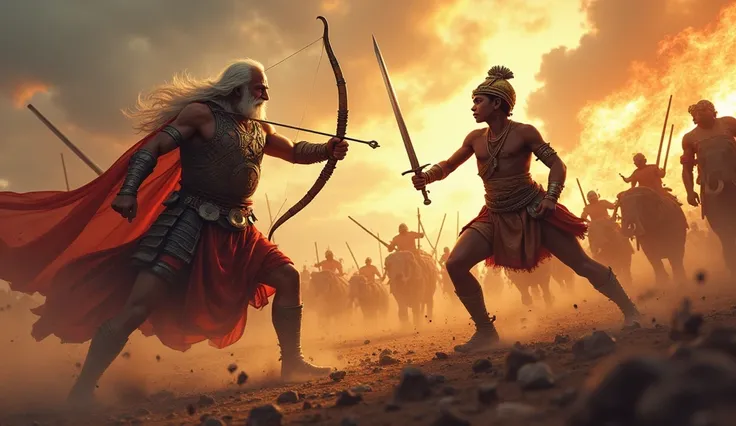 A vivid scene from the Mahabharata war: an intense battlefield under a dramatic, cloudy sky. In the center, Dronacharya, an 85-year-old warrior with long white hair and beard, clad in ancient armor, wielding a bow with great precision. Opposite him stands ...