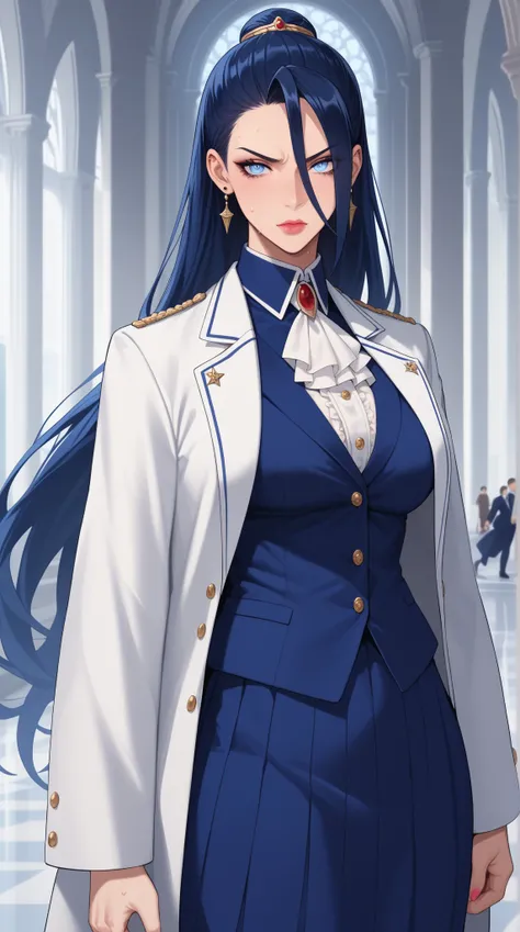 Young female, ultimate disciplinarian, cold and commanding presence, elegant posture with hidden danger, long straight hair, black or dark blue hair color, icy and piercing eyes, expression with a hint of sarcasm or menace, uniform modified into a sleek an...