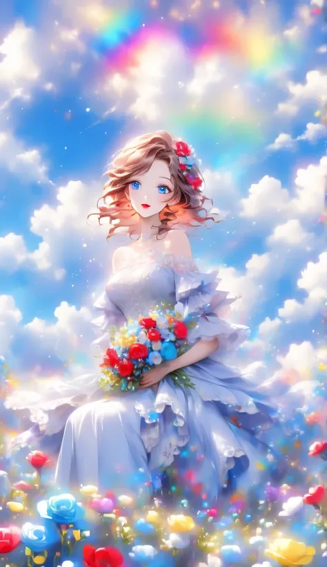 Score 9 Up,Score 8 Up,Score 7 Up,(Best Quality),((Masterpiece)),Anime, "A pretty girl, dressed in gorgeous clothing, is sitting in a vast flower field. She is holding a colorful bouquet, and in the background is a blue sky with floating white clouds." Blue...