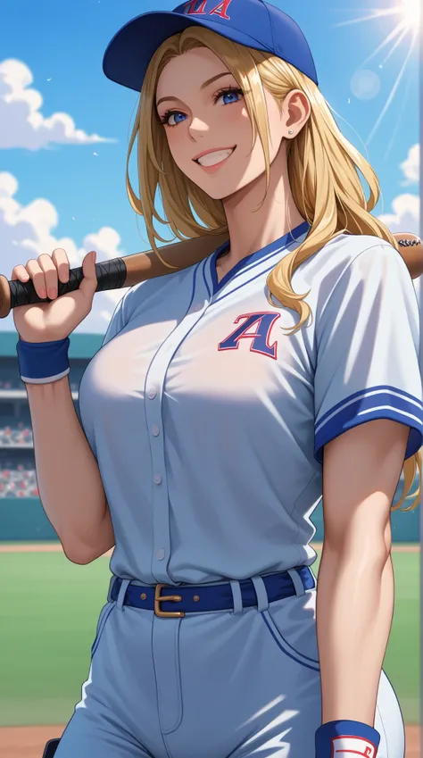 Young female,baseball player, fit and tall physique, blonde or golden-brown long hair, confident and radiant smile, wearing baseball uniform or sportswear, holding a baseball or glove, athletic yet feminine body, dynamic background, baseball field or sport...