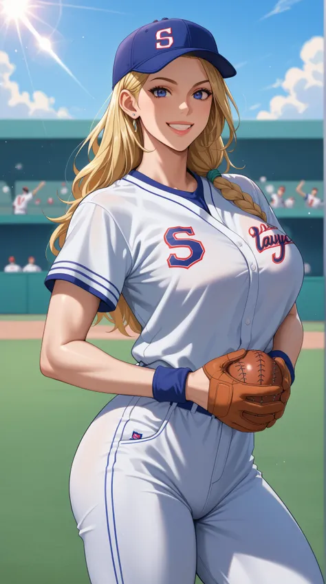 Young female,baseball player, fit and tall physique, blonde or golden-brown long hair, confident and radiant smile, wearing baseball uniform or sportswear, holding a baseball or glove, athletic yet feminine body, dynamic background, baseball field or sport...