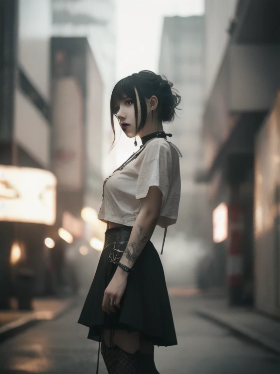  DIESEL PUNK ,  Atmospheric volumetric fog , masterpiece,  illustrations,  top quality , 8k,  high definition ,  wallpaper,  cinematic lighting ,  sharp concentration ,  complicated、 1 Japanese Woman、Goth Makeup、 Big Breasts 、 skirt、