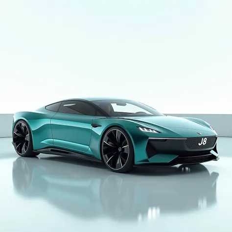 An ultra-realistic image of futuristic side view of 2025 Jaecco J8. The car features a large, imposing, and aerodynamic side design with a glossy, pure Teal shiny exterior. The front side view end has a wide, aggressive grille with intricate black accents ...