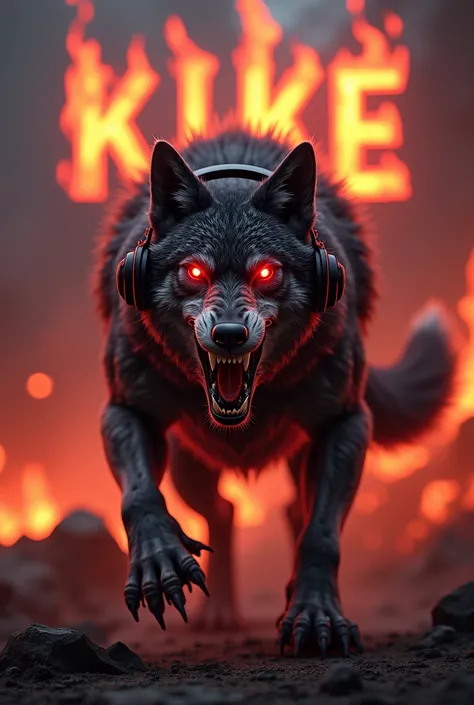 FEROZ WOLF WITH ,  INFERNAL BACKGROUND HEADPHONES AND LETTERS IN FIRE THAT SAY KIKE PRODUCCIONES