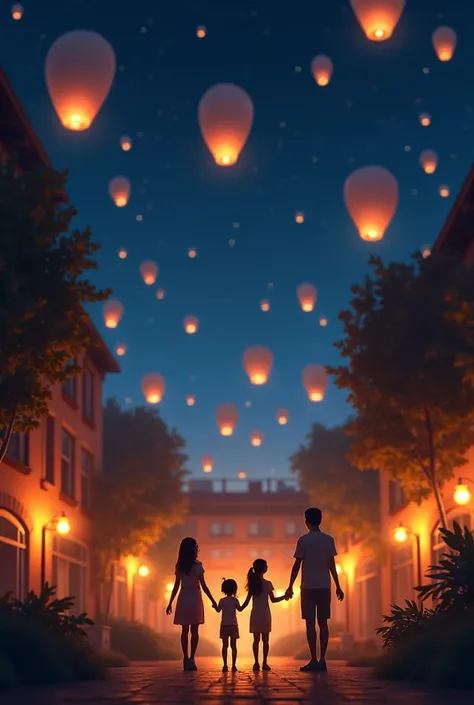 Scene 6:  The Final Message
The night sky is filled with luminous balloons and lanterns floating peacefully.  From below,  the family smiles together ,  looking up to the sky with gratitude .

plano general:  A view from above shows the courtyard illuminat...