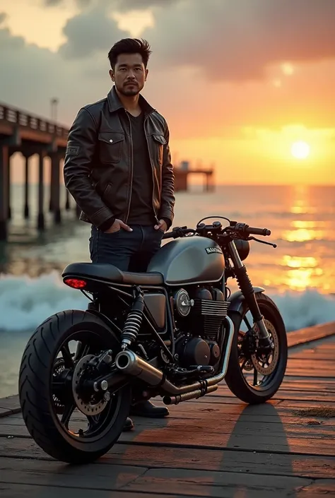 Korean looking biker with no facial hair, standing in front of his bike  on a pier with the sea and sunset in the background 