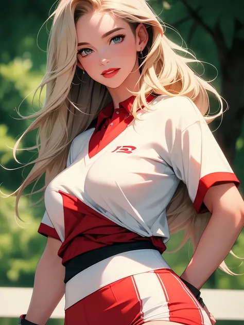  Masterpiece,  better quality, (photorealistic :1.4), 1 girl,  full body shot ,  a beautiful woman, shirt, (Bermuda:1.2), ( sports uniform :1.3), (skinny, Athletic:1.1), ( long hair, blonde hair:1.1),  detailed face ,  smiling,  red lipstick,  big lips,  m...