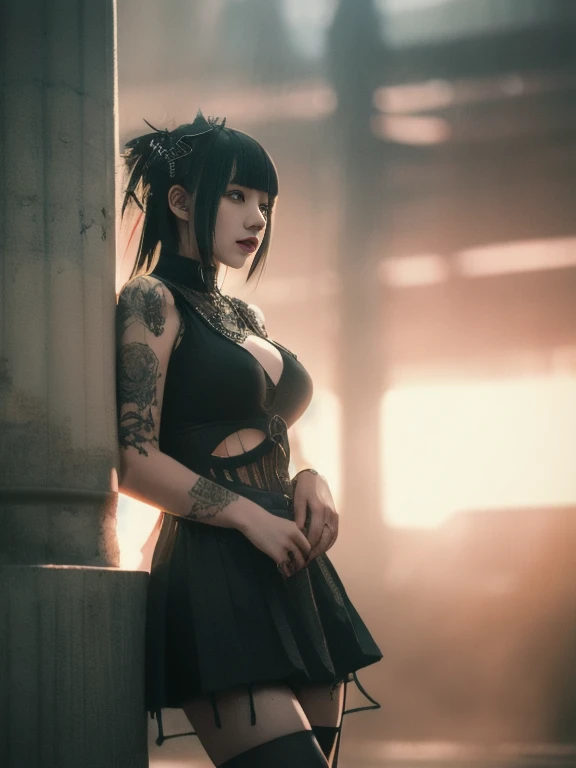  DIESEL PUNK ,  Atmospheric volumetric fog , masterpiece,  illustrations,  top quality , 8k,  high definition ,  wallpaper,  cinematic lighting ,  sharp concentration ,  complicated、 1 Japanese Woman、Goth Makeup、 Big Breasts 、 skirt、