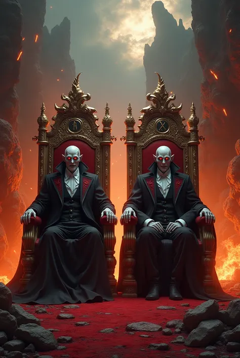  A vampire and a vampire in hell sitting on thrones 