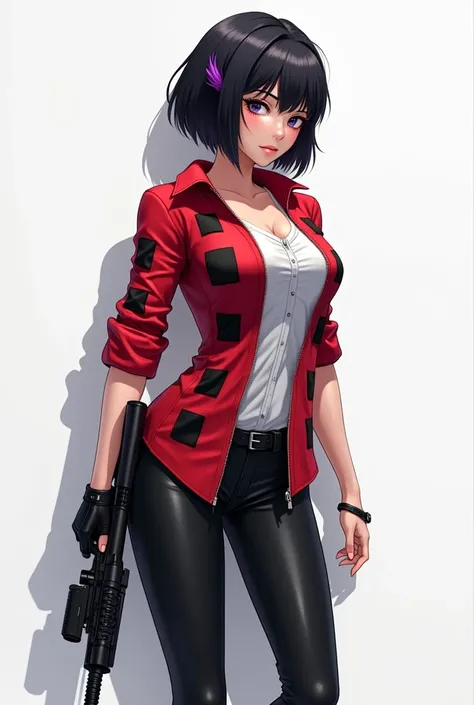  Beautiful girl with short black hair ,  with a purple tuft on the left side ,  dressed in a red shirt with black squares, open zipper white shirt ,  Black Skinny Pants, beautiful figure, black high heels, y with sniper rifle ,  High quality image, alta de...