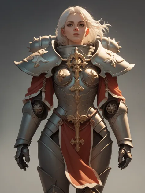 Sororitas, armor, shoulder armor, pelvic curtain, tabard, greaves, power armor, white hair, 