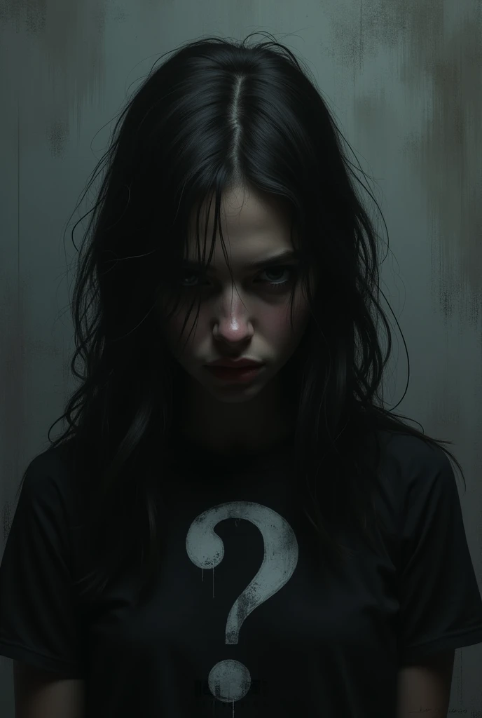 
I want you to create a dark template to create the characters with those roles.. First, the background should be dark in color. Then put a girl with a bitter face and a gloomy look. Or just a black silhouette with a question mark on its face. Whole body.