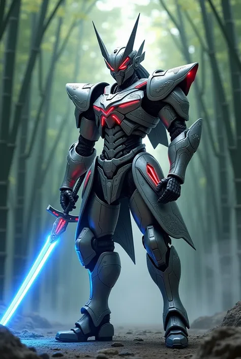 Best Quality Anime, High Detail Anime, 4K Anime, robot samurai that blends the ancient traditions of Japan with futuristic technology. Its body is crafted from layered metal resembling traditional samurai armor, adorned with intricate engravings. The prima...